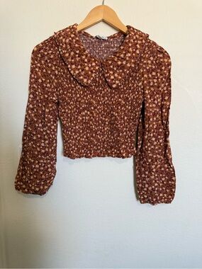Smocked Brown Floral Blouse with Peter Pan Collar